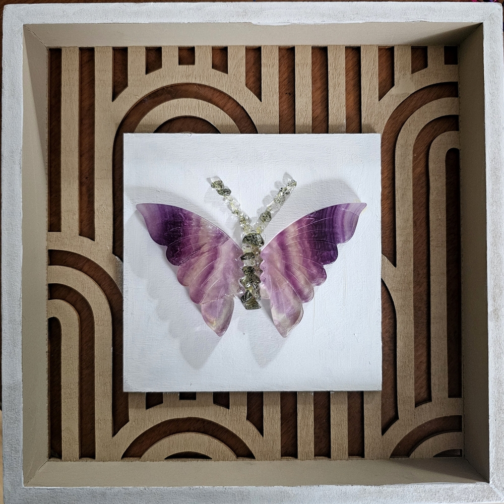 Handcrafted Flourite And Smokey Quartz Crystal Butterfly Wall Art